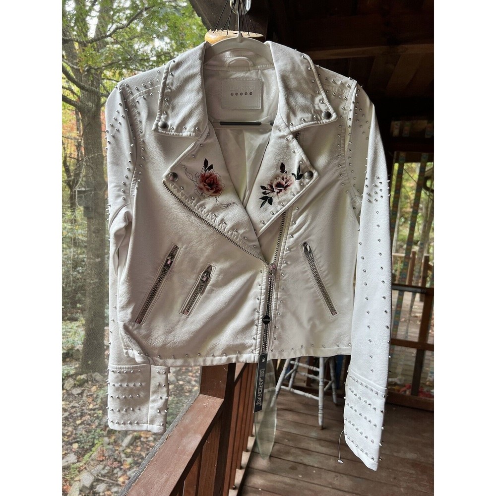 BLANK NYC Floral Embroidered Studded Faux Leather Moto Jacket White A39 *S